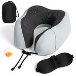 Travel Pillow 100% Pure Memory Foam Neck Pillow, Breathable & Machine Washable Cover, Neck Support Pillow with 3D Contoured Eye Mask, Earplugs & Portable Bag for Airplane Travel (Grey)