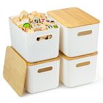 4 Packs Storage Bins with Bamboo Lids - Plastic Storage Containers with Lids Stackable Storage Box: Storage Baskets for Organizing Desktop Closet Playroom Classroom Office,White