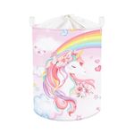 Clastyle 45L Large Rainbow Unicorn Kid Laundry Hamper with Handle for Girl Collapsible Pink Flower Clothes Toy Storage Basket with Lid for Nursery