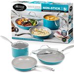 Gotham Steel Aqua Blue Nonstick Ceramic 5 Piece Cookware Set with Ceramic Coating, Stainless Steel Stay Cool Handles, Oven & Dishwasher Safe to 500° F100% PFOA Free