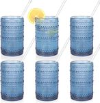 KMIGRUAN Large Hobnail Drinking Glasses Set of 6,15oz Blue Vintage Glassware,Embossed Glass Cups,Water Tumbler,Highball Glasses for Beer,Juice and Various Mixed Drinks