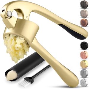 Zulay Kitchen Large Premium Garlic Press Set - Bigger Bowl for Bigger Garlic - Rust Proof & Dishwasher Safe Garlic Mincer Tool - Easy-Squeeze, Easy-Clean Silicone Garlic Peeler & Brush (Gold)
