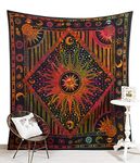 Popular Handicrafts Wall Hanging Tapestry For Bedroom Burning Sun and Moon Hippie Meditation Bohemian Hippy Psychedelic Design Indian Tapestries Bedspread 84 x 90 Inches (215cm x 230cm) Multicolor