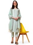 NAINVISH Women's Cotton Striped Regular Kurta Pant with Duptta (SD476_KBD_Sky Blue_XL)