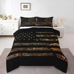 American Flag Camo Comforter Set Queen,Military Hunting Bedding Set Rustic Trees Leaves Camouflage Comforter for Boys Teens Kids Man Bedroom Nature Conifer Oak Branches Bedding Quilt Set 3 Pcs