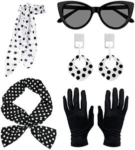 QEEQPF Lot de 5 accessoires de costume des années 1950 pour femme - En mousseline de soie - Bandeau - Lunettes - Boucles d'oreilles - Pour femme - Tenue de fête vintage, Noir/blanc, taille unique