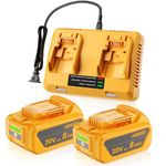Upgraded 2Pack 8Ah Battery and Charger Combo for Dewalt 20V Max Battery and DCB102 20V Max Battery Charger for Dewalt 20V Lithium-ion Battery Replacement and DCB102 12V-20V Battery Charger Combo