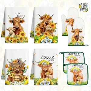Vetoxka 8 Pcs Highland Cattle Kitchen Towels and Dishcloths Sets - 2 Pot Holders and 2 Oven Mitts 4 Dish Towels Set Accessories for Cooking Baking Sweet Home Sunflower Cow Farmhome Housewarm Gifts