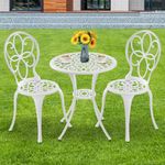 Withniture Bistro Table and Chairs Set of 2, White Metal Patio Bistro Set 3 Piece Outdoor Table Chairs with Umbrella Hole, Cast Aluminum Patio Furniture Set for Garden Porch, AGM003