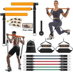 Hommie Pilates Bar Kit, Portable Exercise Fitness Equipment with Resistance Bands(20/30/40lb), 3-Section Stick Squat Yoga Pilates Flexbands Kit for Home Gym Workout Full Body Shaping