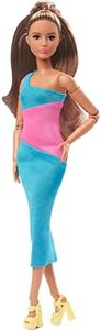 Barbie Looks Doll with Brown Hair Dressed in One-Shoulder Pink and Blue Midi Dress, Posable Made to Move Body