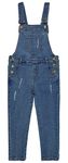 KIDSCOOL SPACE Big Girls Jeans Overalls,Ripped Big Bib Elastic Band Inside Stretchy Soft Denim Jumpsuit,Blue,9-10 Years