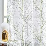 Semi Sheer Printed Curtains for Girls'Bedroom 54inch Fresh Green and Grey Branch Printed on White Linen Textured Eyelet Curtains Botanical Light Filtering 2 Panels for Small Windows 50"wide