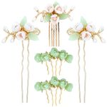 inSowni 5 Pieces Vintage Retro Traditional Asian Chinese Hanfu Pearl Green Jade Flower Hair Side Combs Slides Metal Hair Pins Sticks Chopsticks Bun Updo Holders Hair Accessories for Women Girls