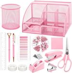 11 Pcs Pink Office Supplies Set Mesh Desk Organizer Accessories Kit include Stapler Tape Dispenser Staple Remover Clips Ruler Scissors Sticky Notes for Office School Home Women (Pink)