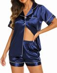 Ekouaer Satin Pjs Women's Soft Sleepwear Silk Satin Pajamas Short Sleeve Two Piece Lounge Set (Navy,M)