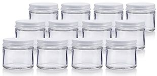 Clear Thick Glass Straight Sided Jar with White Metal Airtight Lid - 2 oz / 60 ml (12 Pack) + Spatulas and Labels