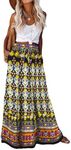 Bsubseach Women Boho Floral Maxi Skirt Elastic High Waist Flowy Ruffle Long Skirts Casual A Line Skirts with Pockets