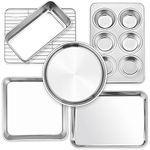 P&P CHEF 6-Piece Small Toaster Oven Pan Set, Stainless Steel Bakeware Set, Toaster Oven Tray with Rack, Square/Round Cake Pan, Loaf Pan & Muffin Pan, Non Toxic & Easy Clean