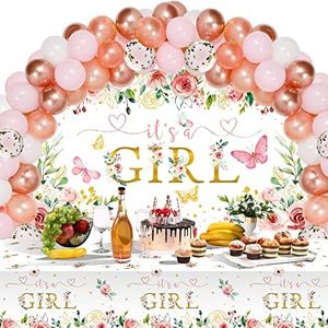 Pink Floral Baby Shower Decorations Include Pink Confetti Balloons Kit It's a Girl Photography Backdrop Banner and Tablecloths for Sweet Girls Baby Shower Party Supplies Decor