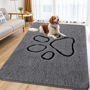 Smiry Dog Door Mat for Muddy Paws, Absorbent Dirt Trapper Non Slip Quick Dry Washable Chenille Mat for Mud Dogs, Entry Rug for Indoor and Outdoor (71x46 Inches, Dark Grey and Black)