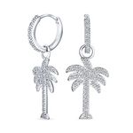 Hawaiian Nautical Pave CZ Cubic Zirconia Huggie Mini Hoop Dangle Charm Palm Tree Earrings For Women Teen .925 Sterling Silver