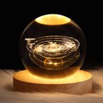 3D Crystal Ball Night Light Ball Projection Lamp Planet Model,3D Crystal Ball with Led Wooden Base for Christmas Thanksgiving Birthday, Home Room Decor LED Night (6CM, Solar System)