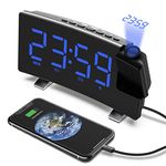 Alarm Clock Projection Alarm Clock with FM Radio,USB Charger, 8"LED Mirror Screen Big Digit, 180° HD 5-meter Alarm Clock with Snooze Function/3 Dimmer/Dual alarm clock /Power Failure Memory