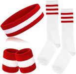 ONUPGO 5 Pieces Sweatbands Socks Set Striped Sports Headband Wrist Sweat bands Striped High Tube Sock Set for Men Women and 80s Costumes Theme Party