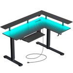 Rolanstar Standing Desk, Dual Motor L Shaped Height Adjustable Desk with LED Lights and Charging Station, 61 x 46 inch Electric Sit Stand Desk, Carbon Fiber Corner Home Office Desk with Monitor Shelf