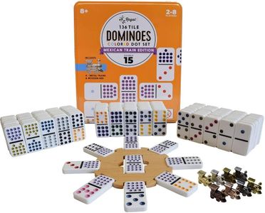 Regal Games - Mexican Train Dominoes Game Set - Double 15 Colored Dot Dominoes - Fun Family-Friendly Game - Includes 136 Tiles, 8 Metal Trains, Wooden Hub, Collector’s Tin - for 2-8 Players