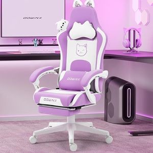 Dowinx Gaming Chair Cute with Cat Ears and Massage Lumbar Support, Ergonomic Computer Chair for Girl with Footrest and Headrest, Comfortable Reclining Game Chair 290lbs for Adult, Teen, Purple