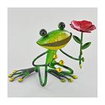 FABULOUS GREEN METAL GARDEN FROG WITH FLOWER SCULPTURE ORNAMENT FIGURE FROGS