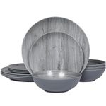 Melamine Dinnerware Set - 12pcs dinnerware set Indoor and Outdoor use, Bamboo Pattern Dishes Dinnerware Set for 4,Dishwasher Safe (Grey wood)