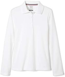 French Toast Girls SA9424 Long Sleeve Picot Collar Interlock Polo School Uniform Polo Shirt - White - L (10/12)
