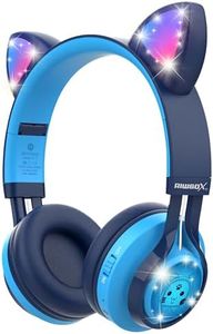 Riwbox CT-7 Cat Ear Bluetooth Headphones, LED Light Up Bluetooth Wireless Over Ear Headphones with Microphone and Volume Control for Travel/School/Smartphones/Laptop/PC/TV (Blue)
