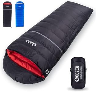 QEZER Down Sleeping Bag for Adults - Ultralight, Cold Weather Sleeping Bag with Compression Sack for Backpacking, Camping, Hiking (1500g Down Filling-Black-Right Zip)