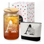 GooBird Custom Glass Cup & Makeup Bag Set - Personalized Gifts for Women, Initial 16 oz Glass Tumbler with Lid & Straw, Monogram Makeup Bag - Birthday Gifts For Women, Mother's Day Presents, Letter-A,