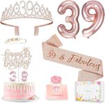 39th Birthday Decorations for Her Women, Including 39 year old Birthday Cake Topper, Birthday Queen Sash with Pearl Pin, Sweet Rhinestone Tiara Crown, Number Candles and Balloons Set, Rose Gold