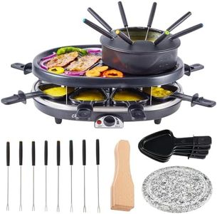 Electric Fondue Pot Set,Cheese Fondue Pot and Chocolate Fondue Kit,Portable BBQ Grill with Raclette Grill Plate,8 Fondue Forks,8 Small Nonstick Pans for 8 People Parties