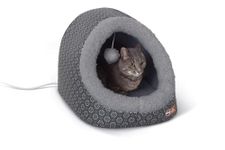 K&H Pet Products Thermo-Pet Cave Heated Cat Bed - Gray/Geo Flower 17 X 15 X 13 Inches