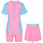 ranrann Kids Girls One Piece Swimming Costume Short Sleeves Rash Guard Surfing Swimsuits with Skirts Pink 12-14 Years