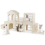 Teabelle Wooden Rabbit Hideout House, Large Bunny Castle Cage with Feeder, Multi-Chamber Small Animal Playhouse for Rabbit Guinea Pig Hedgehog Chinchilla