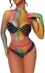 FasiCat Women's Mesh Lingerie Fishnet Babydoll Mini Dress Free Size Bodysuit See Through Shirts Long Sleeve, Rainbow, One Size