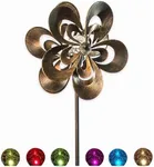 SteadyDoggie Wind Spinner - Garden Decor Spinners with Solar Powered Multi-Color LED Glass Ball Light - Dual Direction Kinetic Metal Copper Bronze Windspinners 6ft Tall Flower Sculptures for Outdoor