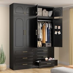 UNICOLY 86" Wardrobe with Drawers, 71'' Armoire Wardrobe Closet with 15" Cabinet, Metal Clothes Storage Cabinet with Hanging Rod, for Bedroom School, Employee, Gym, Assembly Required, Black