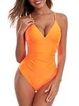 RELLECIGA Women's Orange Deep V Neck One Piece Swimsuit Ruched Tummy Control Bathing Suits Size Medium