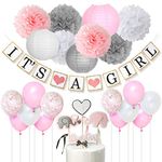 JOYMEMO It’s A Girl Baby Shower Decorations with Pink and Grey Balloons Paper Lantern Paper Flower Pom Poms Elephant Cupcake Toppers for Baby Girl Shower Decorations