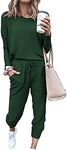 Paintcolors Women's 2 Piece Outfit Long Sleeve Crewneck Tracksuit Solid Color Sweatsuit Lounge Matching Set with Pockets, Dark Green-solid, Small