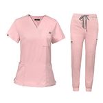 LOVIVER Nursing Uniforms Scrub Set Workwear Nurse Top Pants Work Clothing Women V Neck Scrub Top Nursing Work suits for Cosmetology SPA Pet Groomer, Pink S